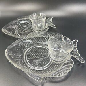 Clear Fish Plate Dish And Cup Teacup Saucer Set Votive Candle Holder 4 Pieces